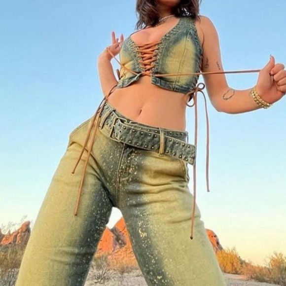 Jaded London Blue Yellow Wash Lace up jeans - Picture 7 of 8